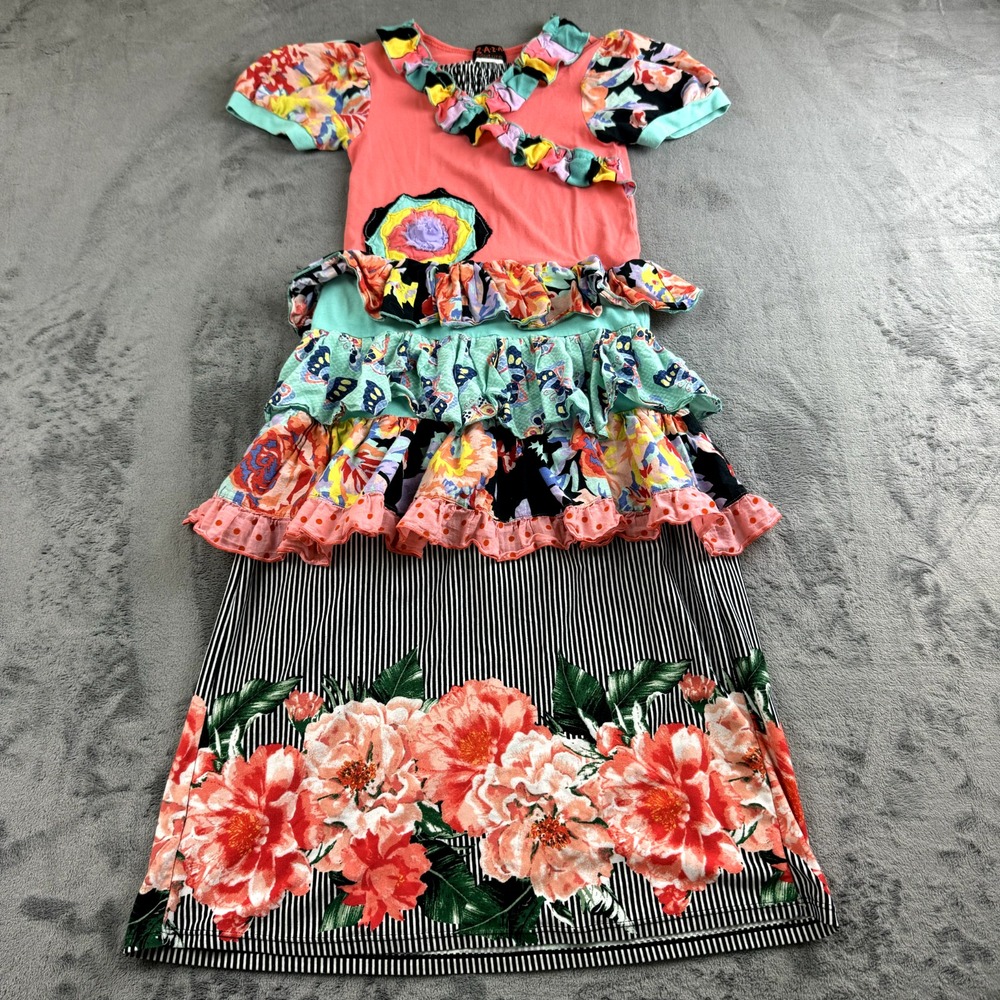 ZAZA Couture Girls Maxi Dress Size 6 V-Neck Ruffle Colorful Unique Tiered Funky‎